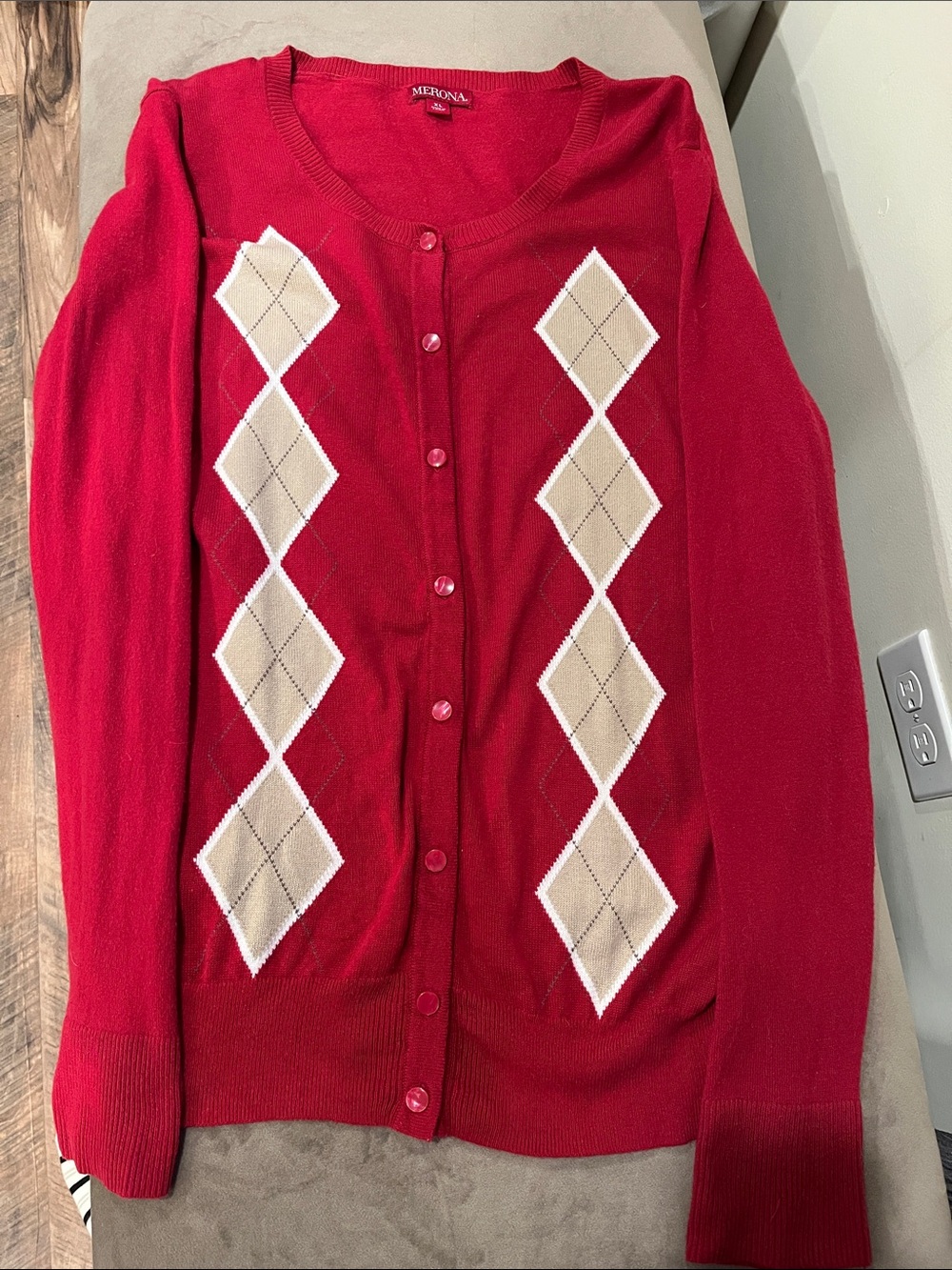 Merona Red Cardigan with Beige Argyle Panels